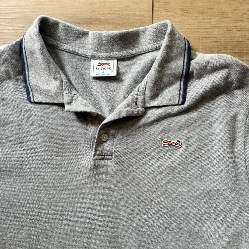 Le Tigre Short Sleeve 100% Cotton Contrast Tipped Collar Polo Shirt Gray Mens XL